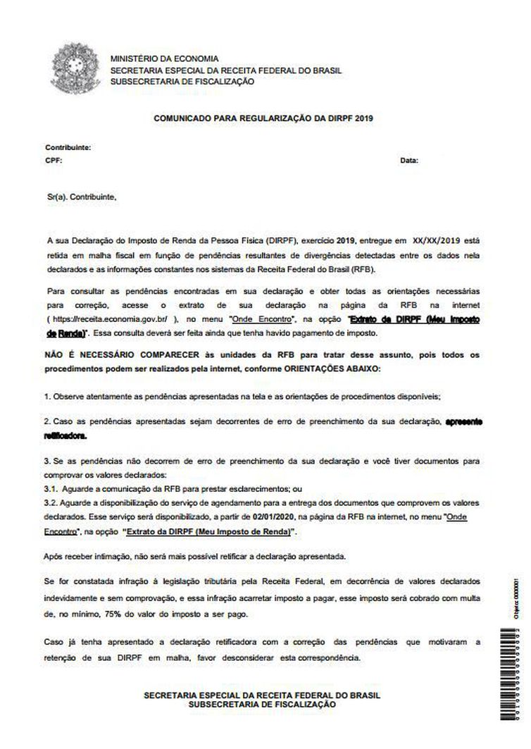 Esse é o modelo de carta que o contribuinte vai receber da Receita Federal