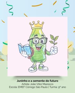 Juninho é uma simpática garrafinha verde, com óculos e uma coroa dourada. Foto: divulgação