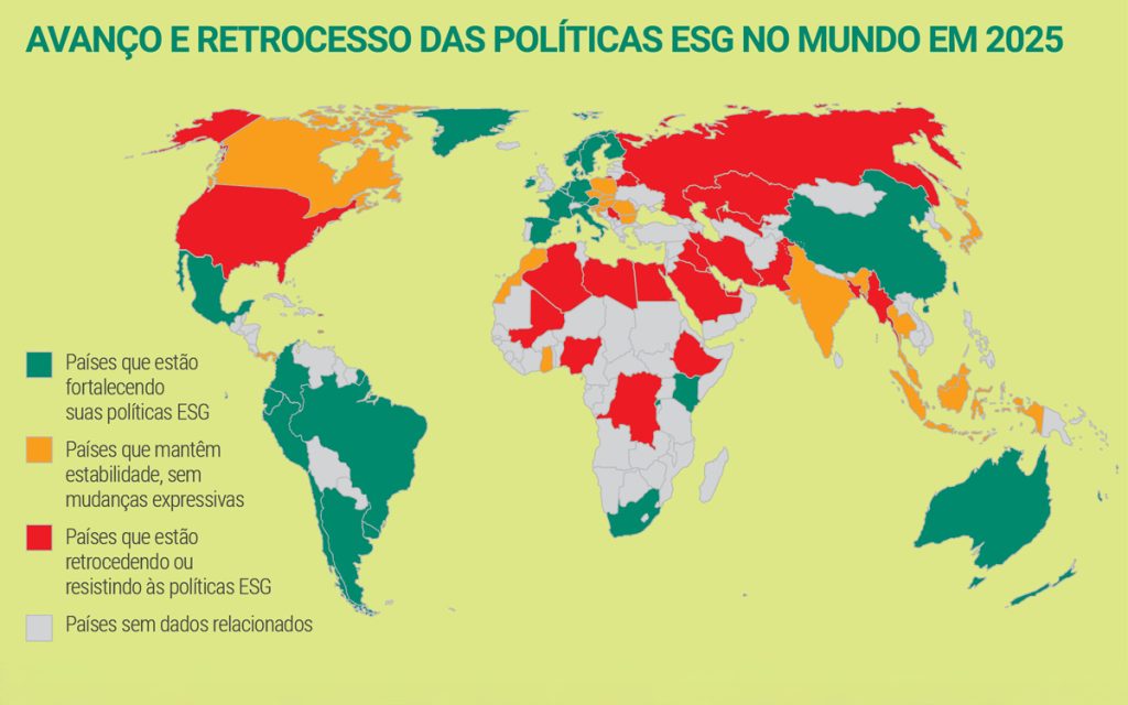 Ofensiva contra o ESG e o risco de retrocesso global Mapa com o panorama global das políticas ESG em 2025 com dados da Anbima, Harward Law School, IBCG, Blend Edu e Comissão de Valores Mobiliários. Foto: Next Editorial