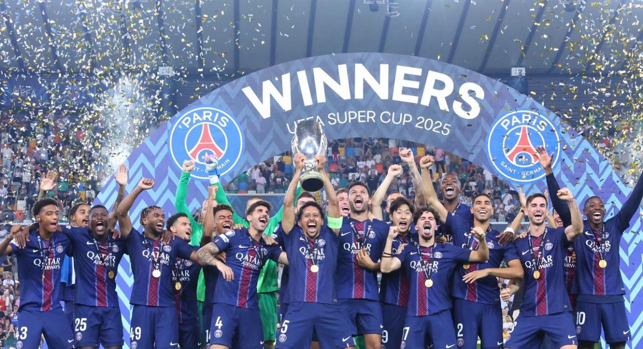 PSG, campeão da Champions, conquista Supercopa da UEFA em virada emocionante sobre Tottenham. Goleiro Chevalier se redime em pênaltis e garante título inédito. Foto: reprodução/instagram/@psg