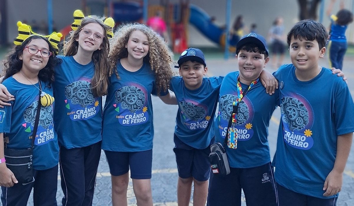 Equipe de robótica Crânio de Ferro, formada por nove alunos do 5º e 6º ano do Colégio Marista Nossa Senhora da Penha, conquistou o 1º lugar na categoria Middle 1 do Torneio Brasil de Robótica (TBR). Foto: divulgação