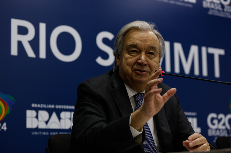 Guterres (ONU) alerta para guerras comerciais e tensões tarifárias. Destaca colapso climático, pedindo energias renováveis e combate ao greenwashing - Foto: Tânia Rêgo/Agência Brasil