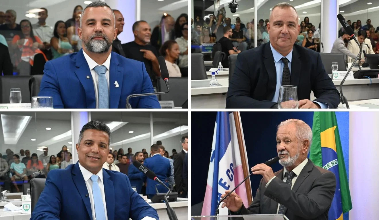 Vereadores Marcelo Leal, Willian da Elétrica, Dr. Thiago Peixoto e Sérgio Peixoto durante a cerimônia de posse na Câmara Municipal da Serra. Foto: Divulgação (PMS)