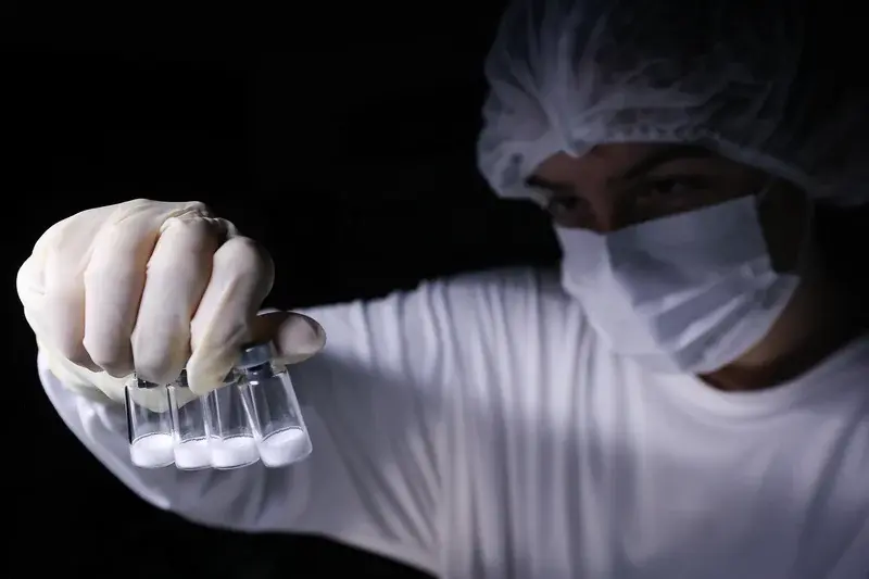 A imagem retrata um profissional de saúde, segurando frascos de vacina contra a dengue. O ambiente é escuro, o que destaca a iluminação focada nos frascos, simbolizando a importância e a seriedade do momento de aprovação da vacina.
